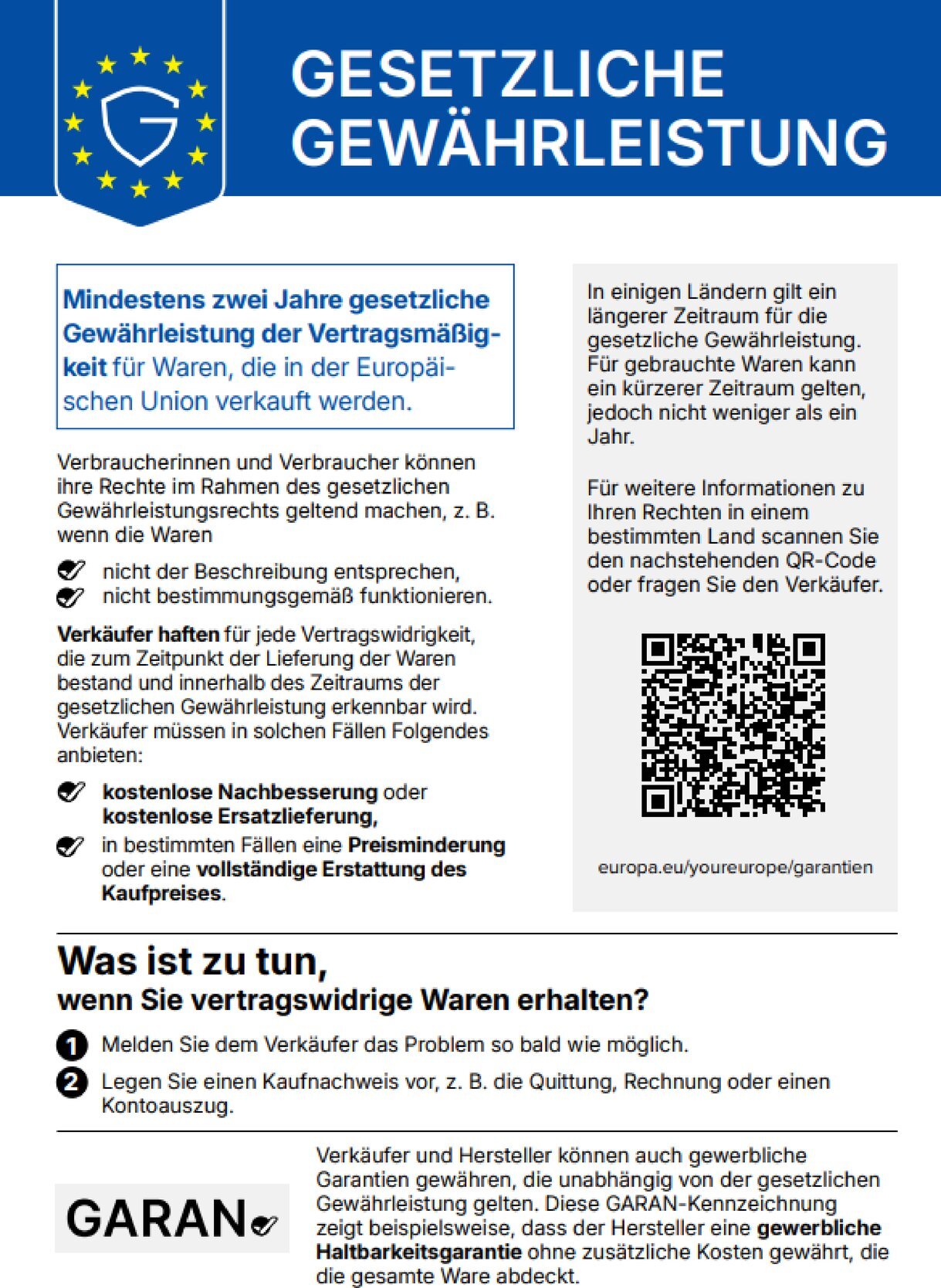 Gesetzliche Gewährleistung – mindestens zwei Jahre in der EU